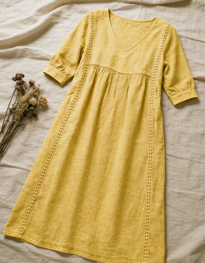 🤩🤩Casual Loose-fitting Patchwork Lace Trim Linen And Cotton Dress