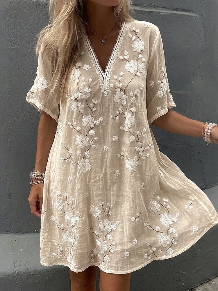 Women's Vintage Floral Print V-neck Short-sleeve Linen Dress