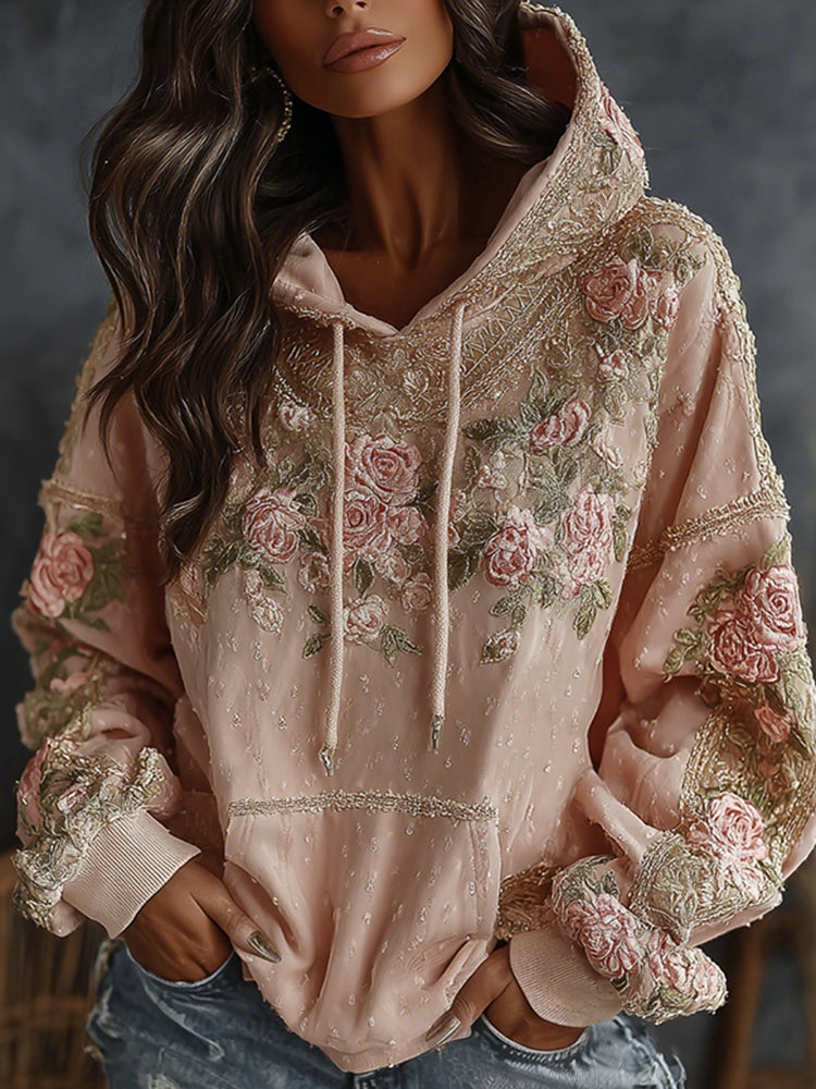 Women's Floral Embroidered Art Print Casual Hoodie