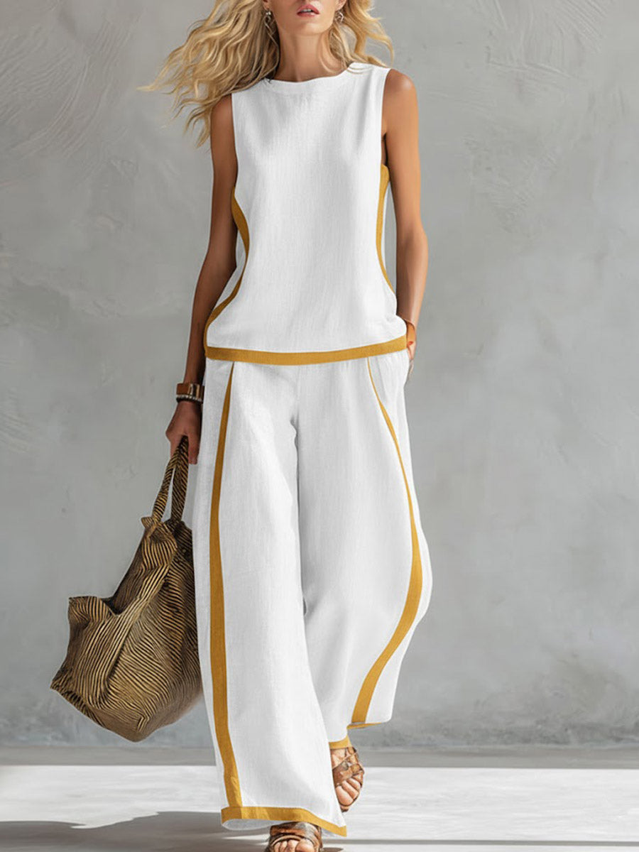 🤩🤩Women's Round Neck Sleeveless Casual Loose Top And High-waisted Loose Wide-leg Pants Cotton And Linen Set.