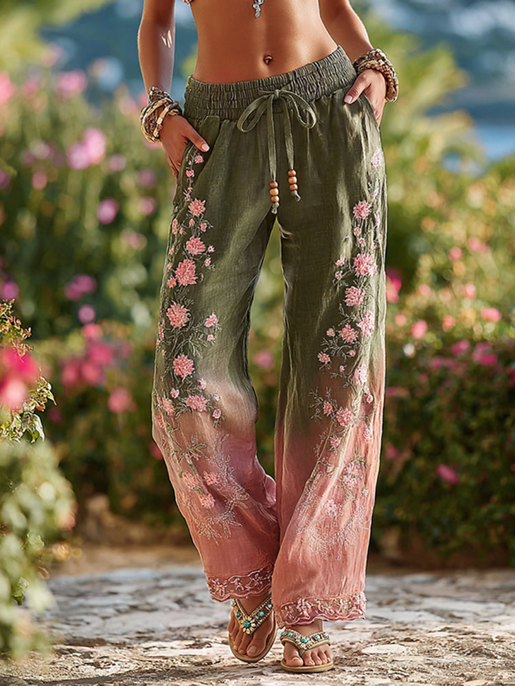 Women's Rose Floral Ombre Cotton Lace-up Casual Pants