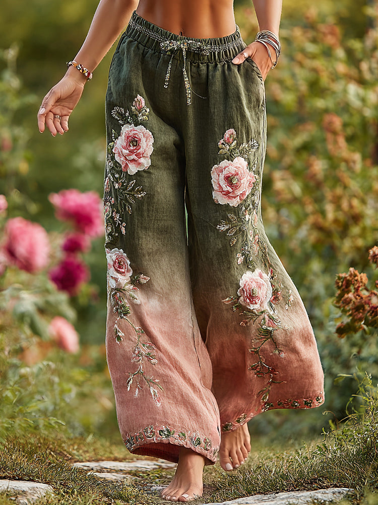 Women's Boho Rose Floral Ombre Cotton Lace Up Casual Pants