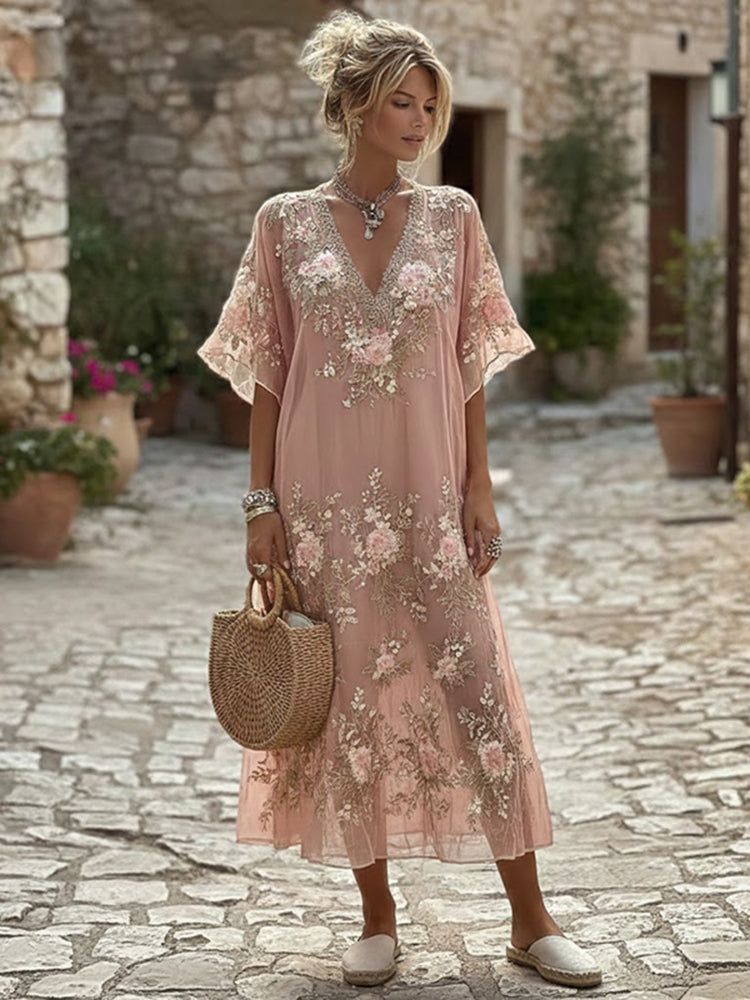 Women's Retro Floral Embroidery Art V-neck Short Sleeve Midi Dress