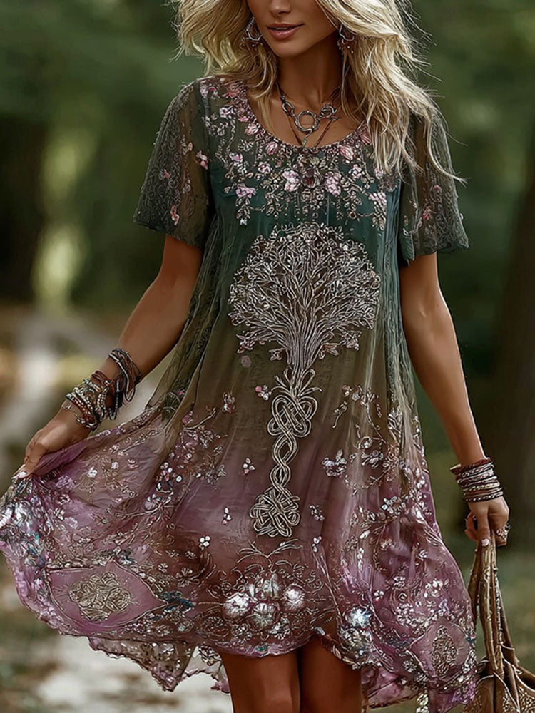 Women's Retro Celtic Tree Of Life Floral Pattern Casual Dress