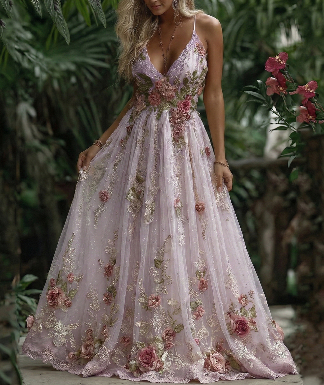 Women's Pink Rose Embroidery Art Suspender Maxi Dress