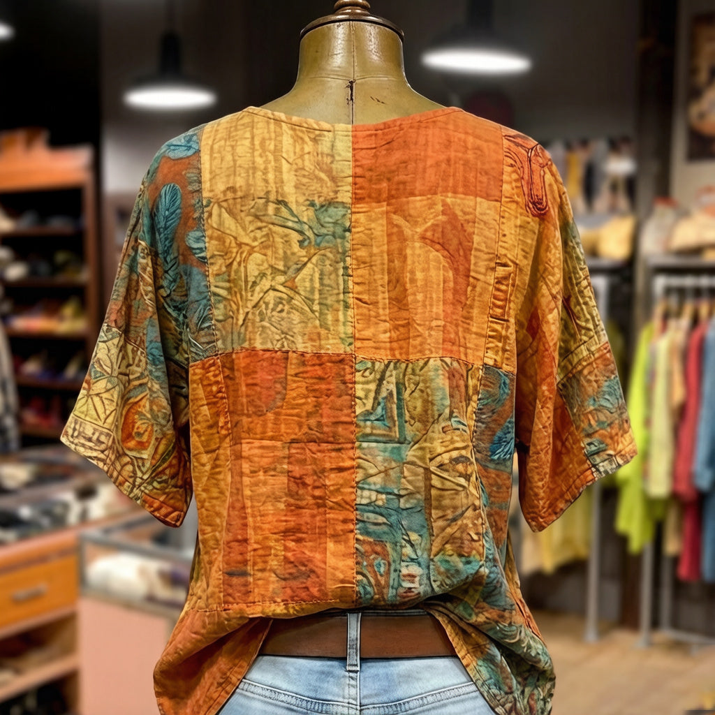 Women's Dragonfly And Floral Art Flowy Linen Blend Short Sleeve Tops