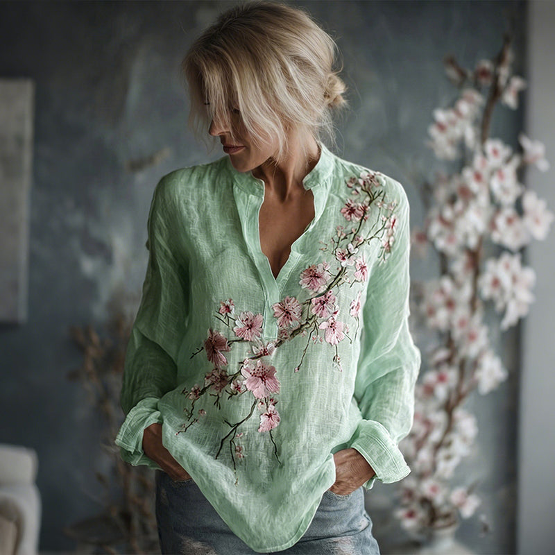 Women's Vintage Flowers Embroidered Linen Long Sleeve Shirt