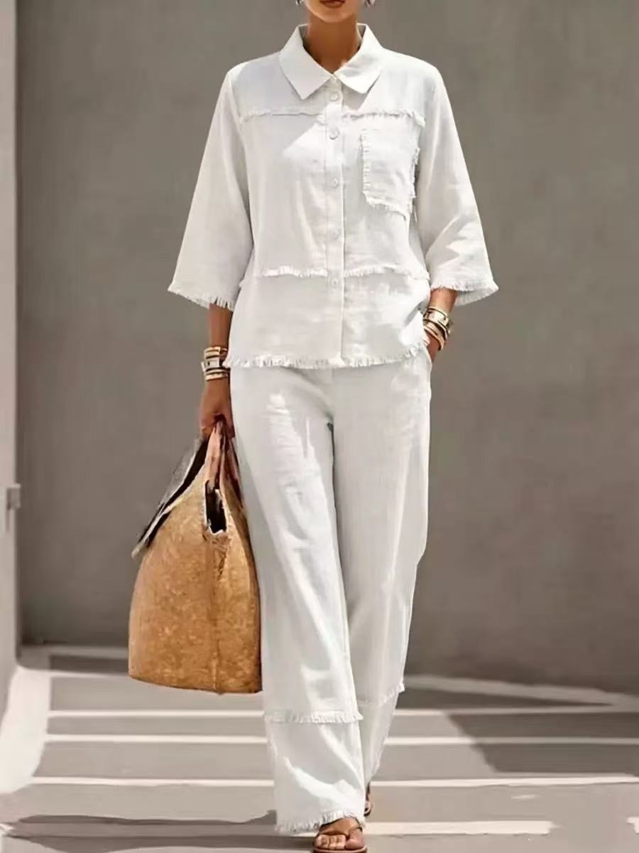 🎁New Arrivals🔥Casual Frayed-hem Linen And Cotton Shirt And Pants Two-piece Set