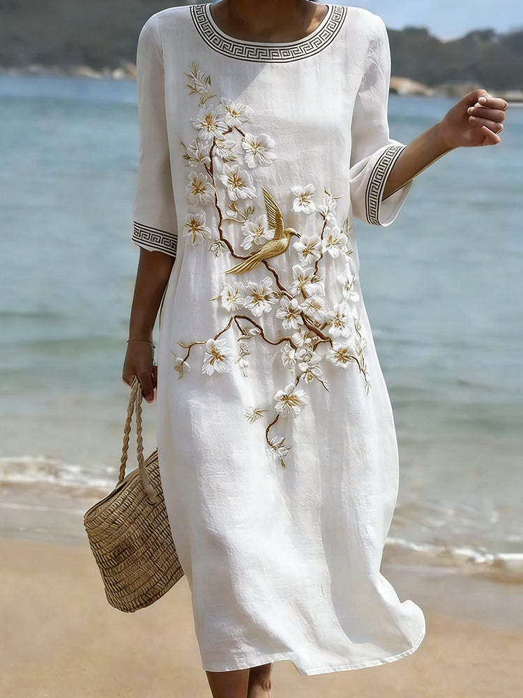 Women's Japanese Sakura & Floral-bird Art Linen-blend Dress