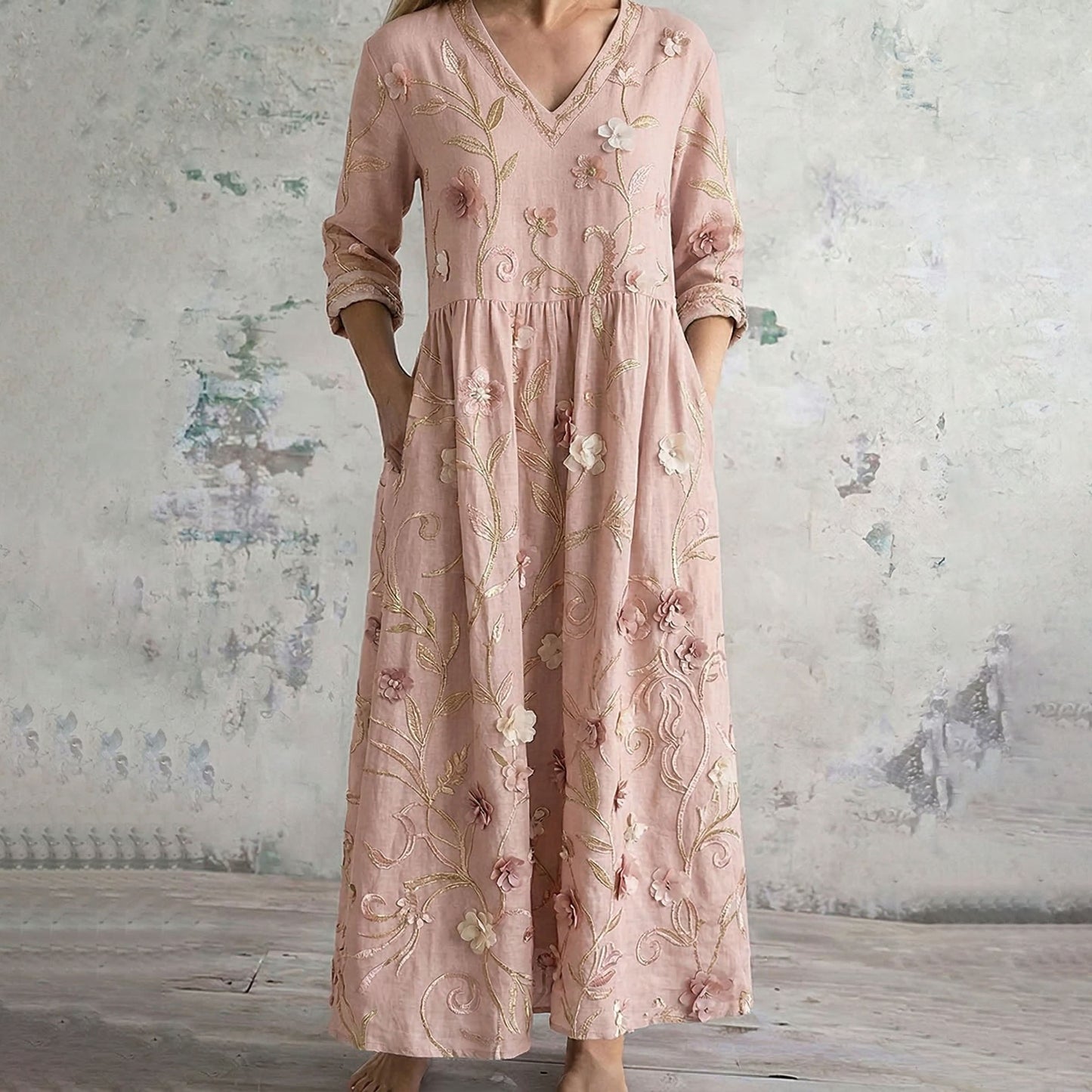Vintage Floral Art V Neck Casual Maxi Dress