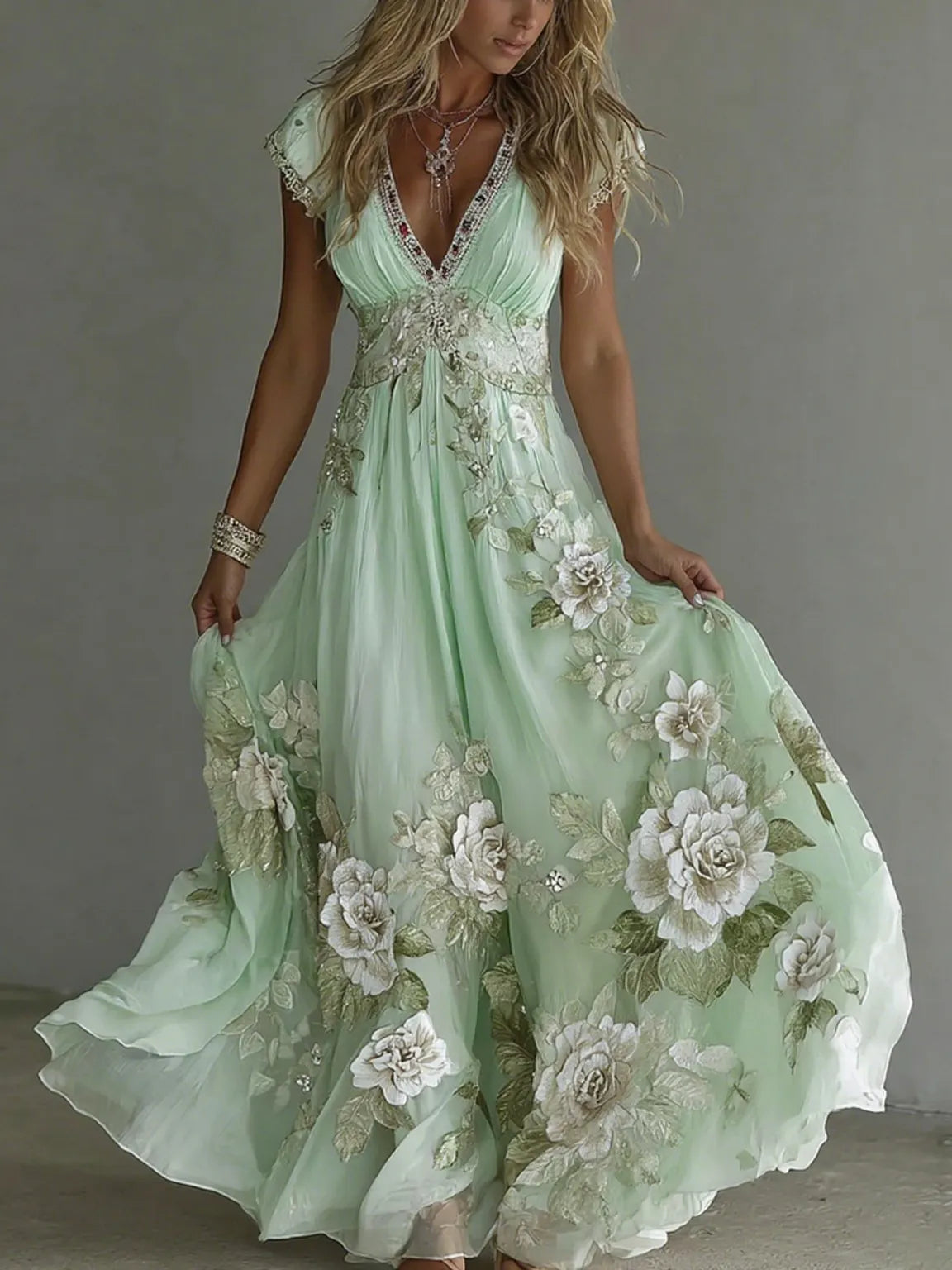 Women's Vintage Boho Floral Art Short-sleeved Maxi Dress