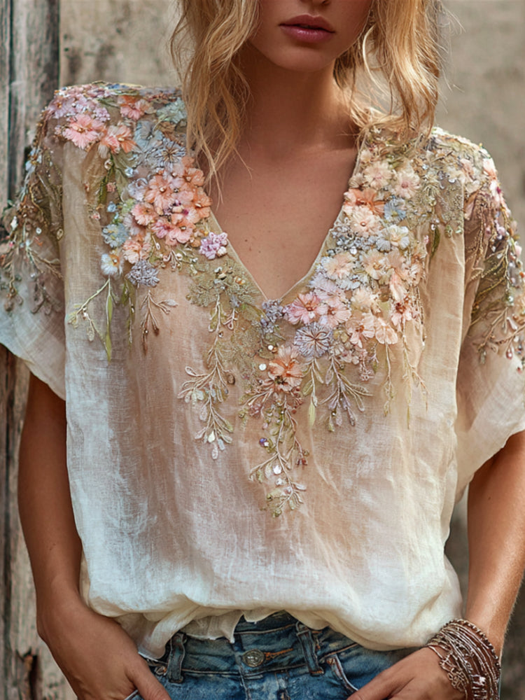 Women's Floral 3d Art Embroidery Lace Cotton Linen Washed V-neck Short Sleeve Top