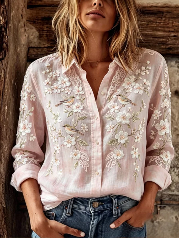 Women's Floral And Lace Pink Art Cotton Linen Long Sleeve Cardigan Shirt