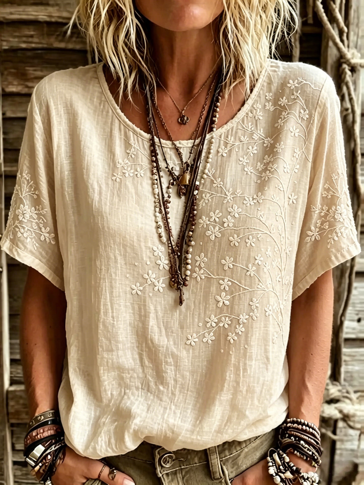 Women's Vintage Floral Art Linen Blend T-shirt
