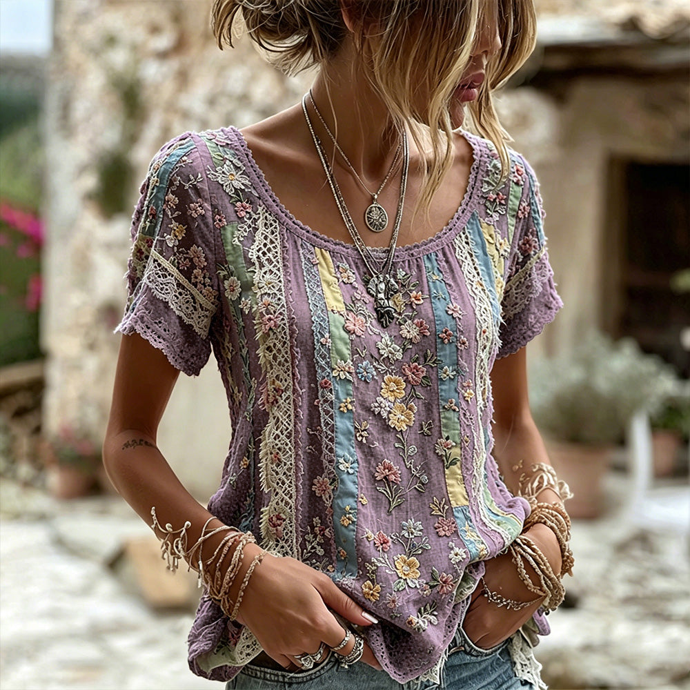 Women's Handmade Floral Embroidery And Lace Art Splicing Lightweight Cotton Linen Round Neck Short Sleeve Top