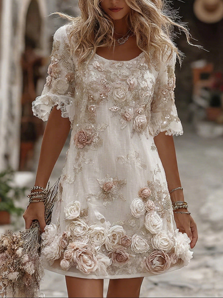 Women's Vintage Roses Art Print Flowy Linen Blend Casual Short Sleeve Mini Dress