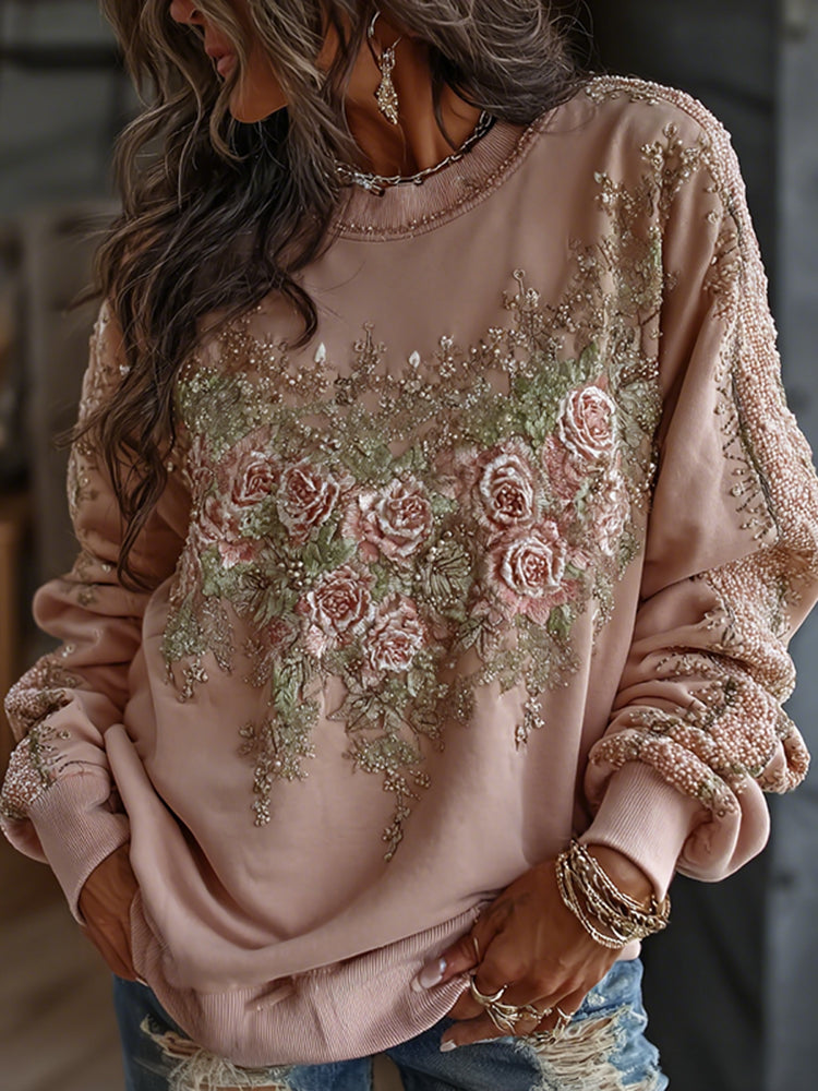 Women's Floral Embroidered Art Print Casual Sweatshirt