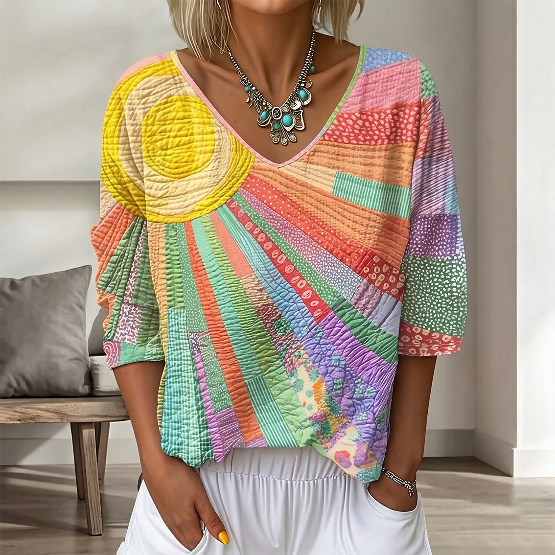 Women's Vintage Floral In Gradient Art Print Flowy Linen Blend Three-quarter Sleeve V Neck Linen Tops