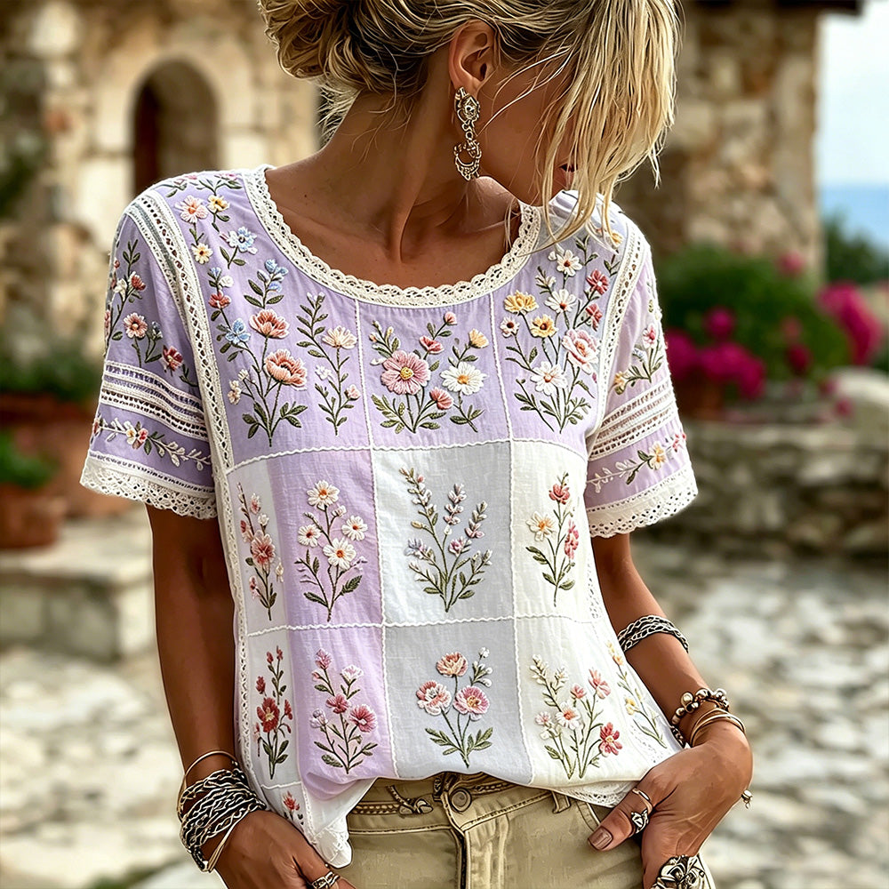 Women's Floral And Lace Art Embroidery Spliced Vintage Casual Short Sleeve Top