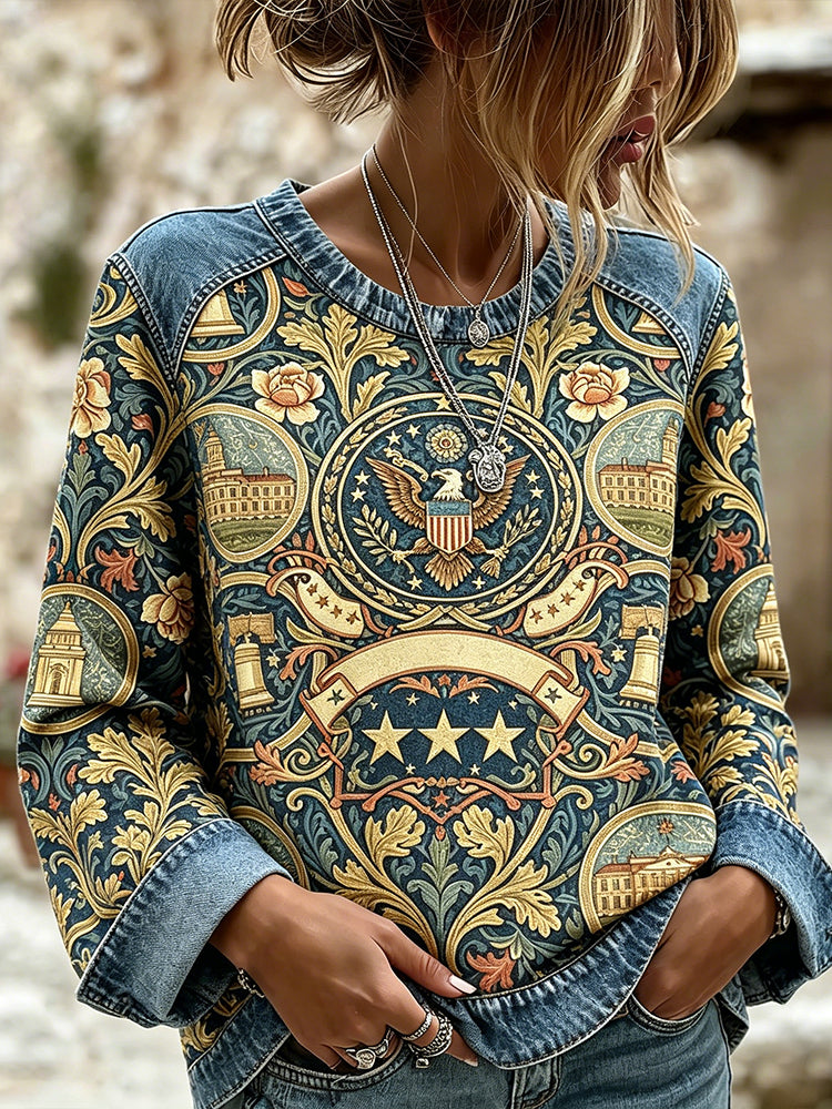 Retro American Independence Day Commemorative Floral Print Faux Denim Cotton Linen Long Sleeve Top