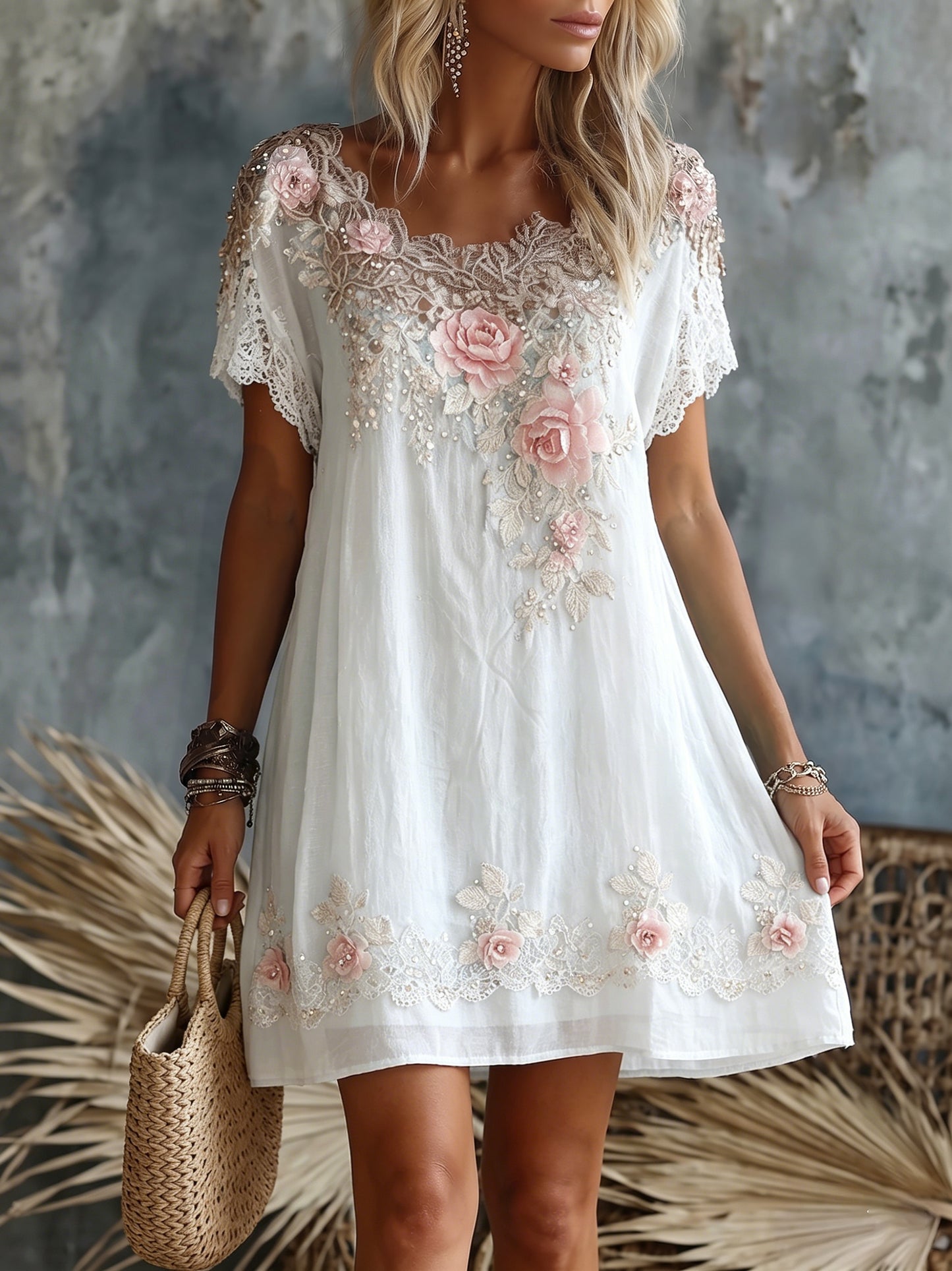 Women's Retro Rose Floral Embroidery Pattern Short Sleeve Linen Dress