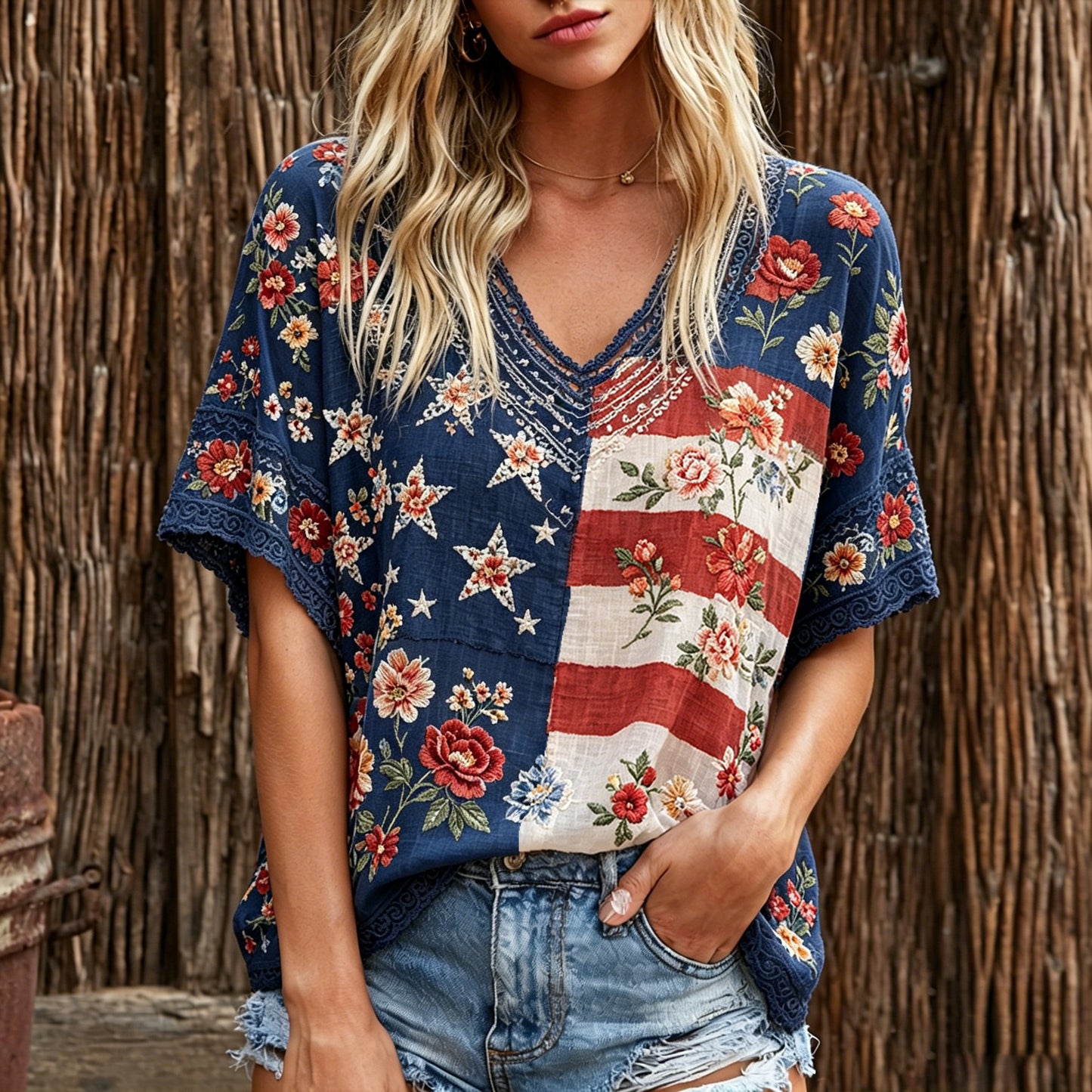 Retro Flag And Rose Embroidery Art V-neck Short Sleeve Top