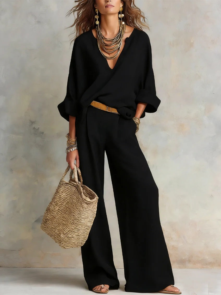 ๐๐Cozy Minimalist V-neck Cotton-linen Two-piece Set