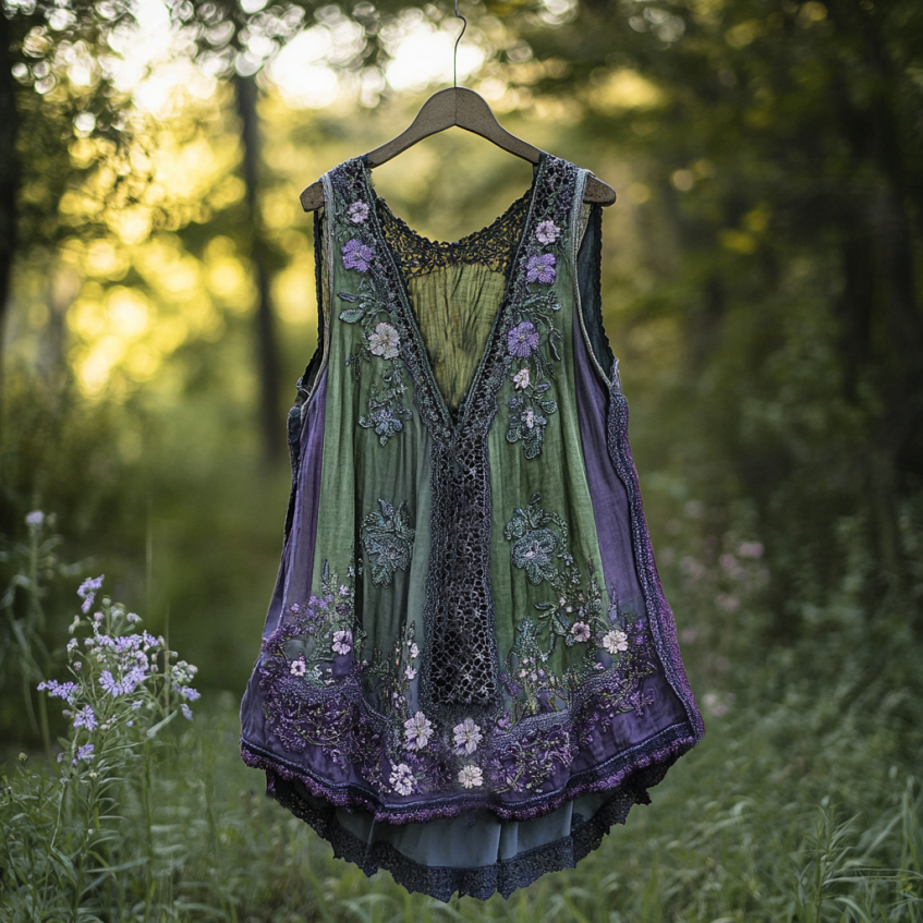 Boho Lavender Lace Art Linen Lace Patchwork Art Sleeveless Tank Top