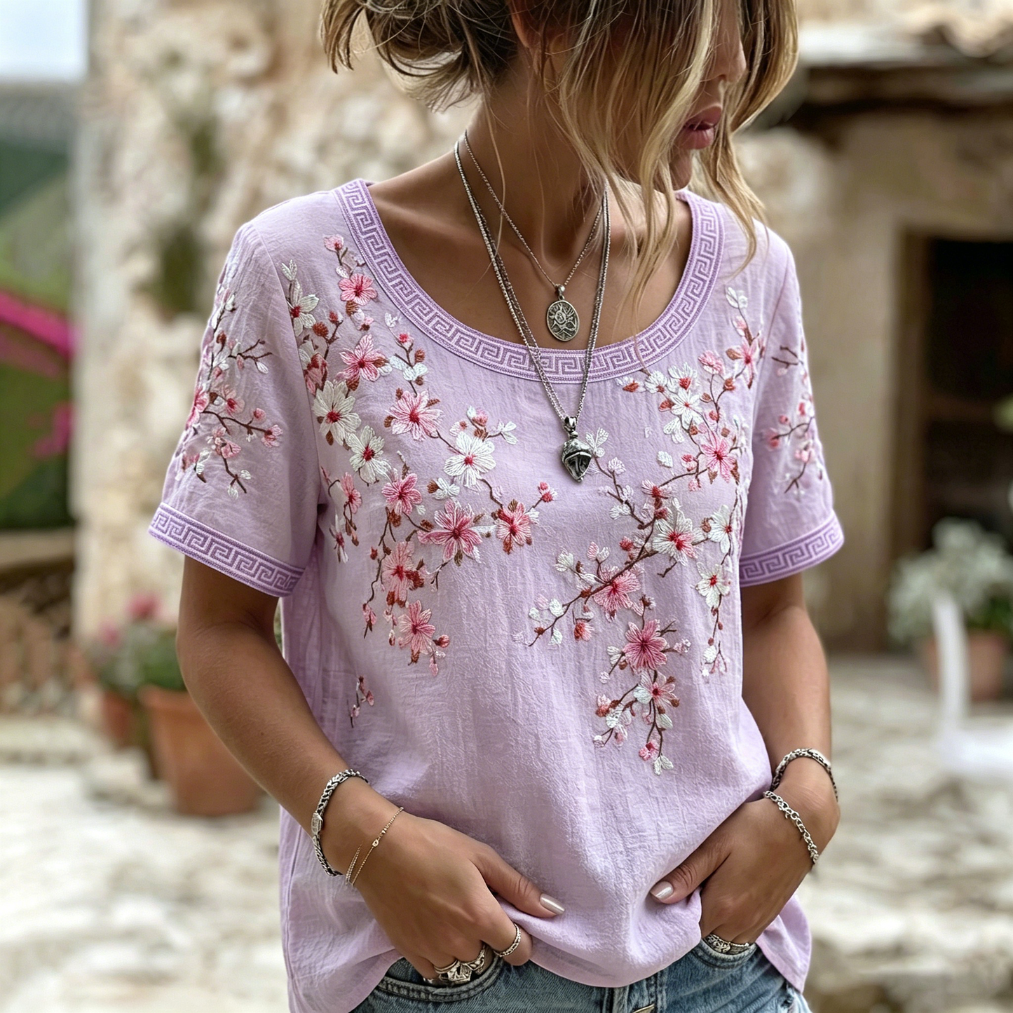 Women's Vintage Japanese Cherry Blossom Art Round Neck Short Sleeve T-shirt