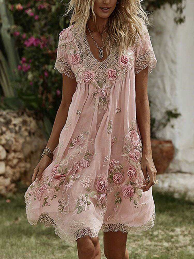 Women's Vintage Floral Art Print Flowy Linen Blend Casual Short Sleeve Mini Dress