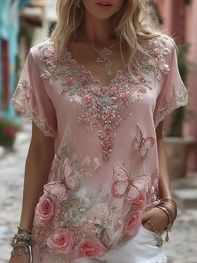 Women's Floral Butterfly Embroidered Linen Blend T-shirt