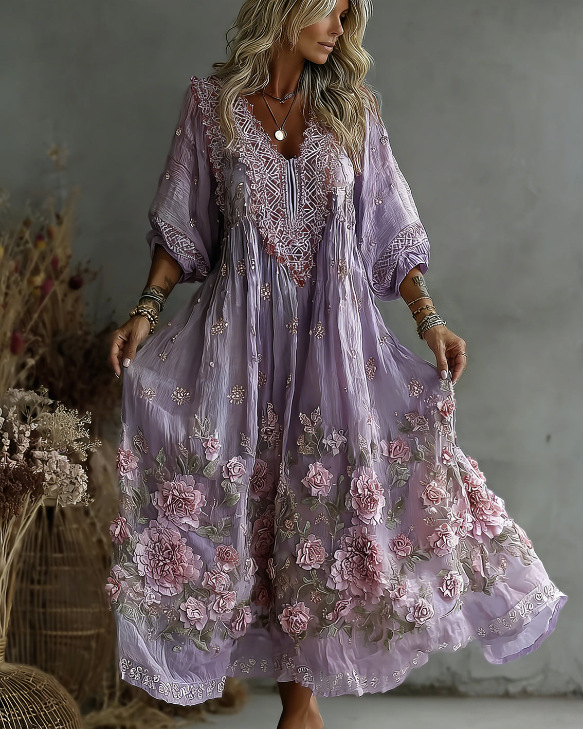 Women's Retro Floral Art Flowy Linen Blend Casual Long Sleeve Maxi Dress