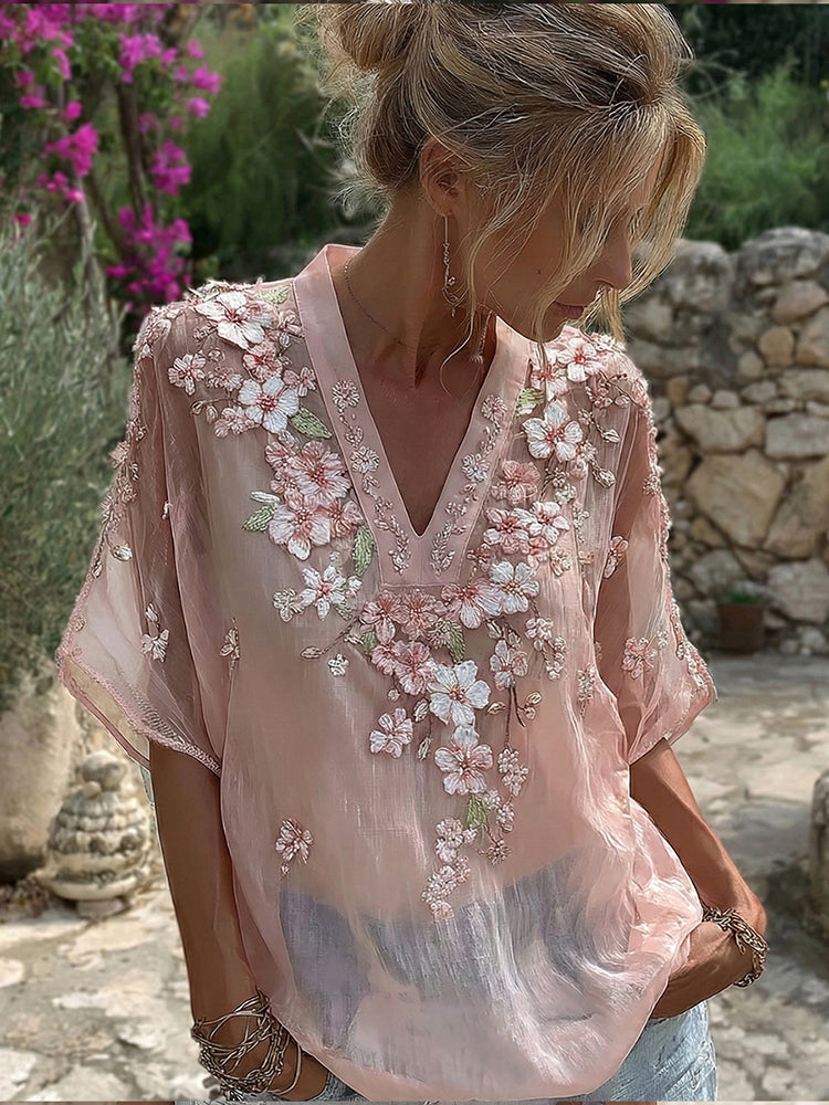 Women's Pink Cherry Blossom Embroidered Blended V-neck T-shirt