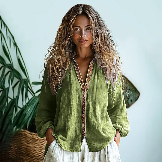 Bohemian Style Linen Print Long Sleeve Shirt