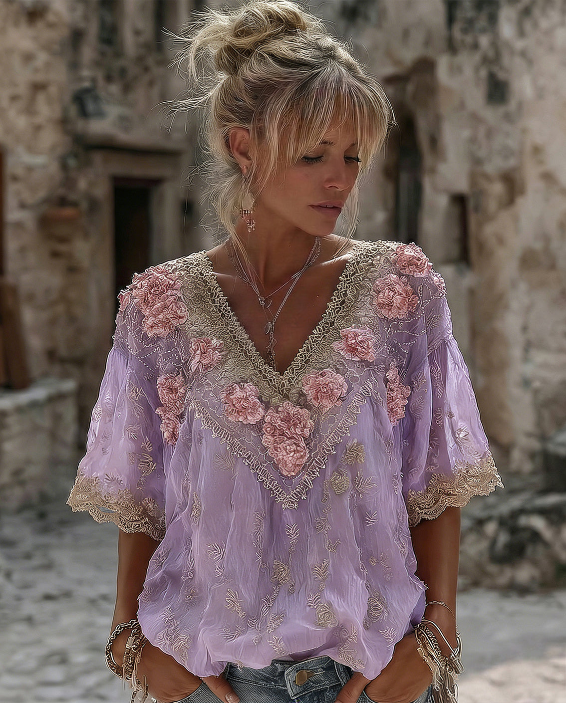 Women's Vintage Spring Floral Embroidered Art Print Flowy Linen Blend Short Sleeve Casual Tops