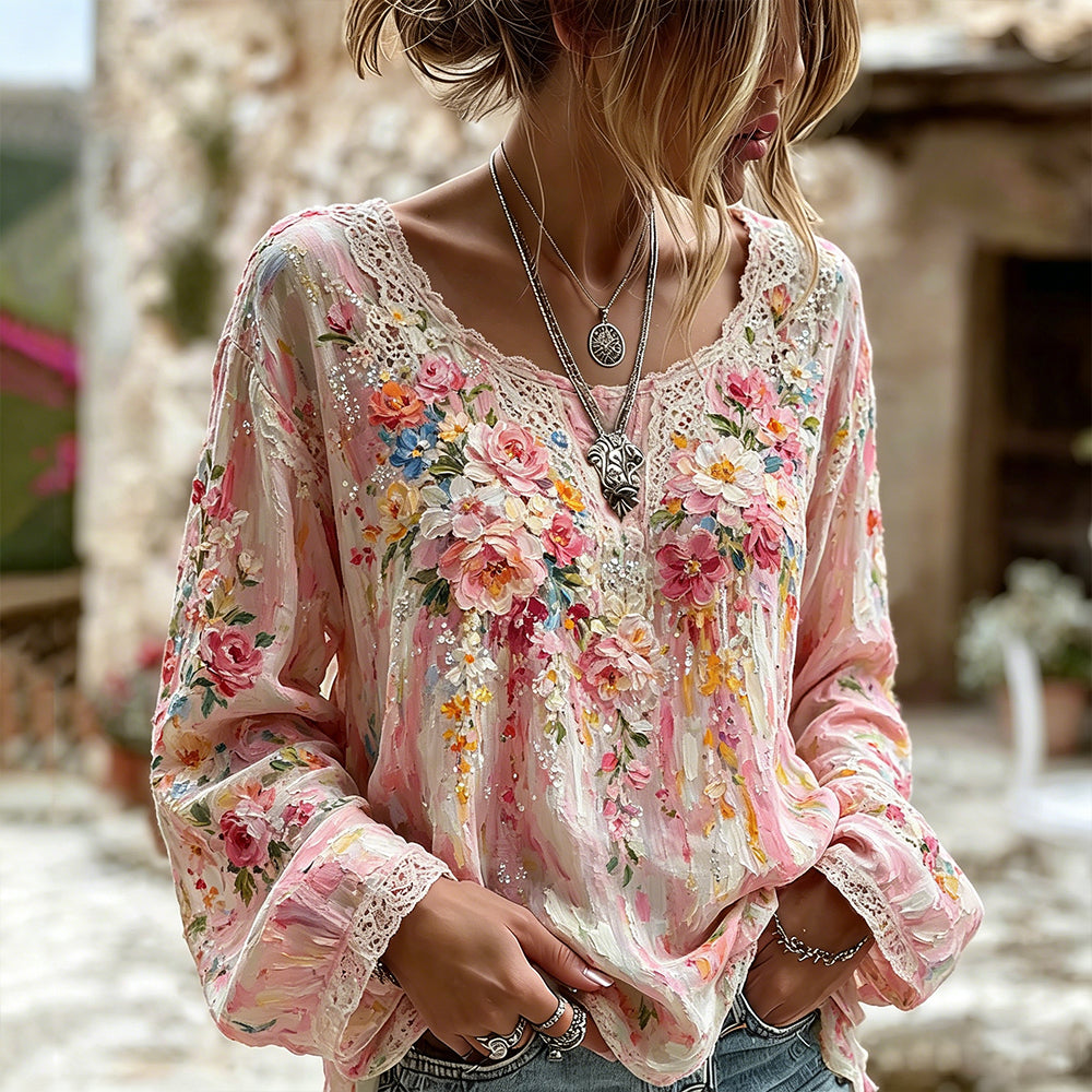 Women's Oil Painting Romantic Floral And Lace Art Cotton Linen Colorful Round Neck Long Sleeve Top