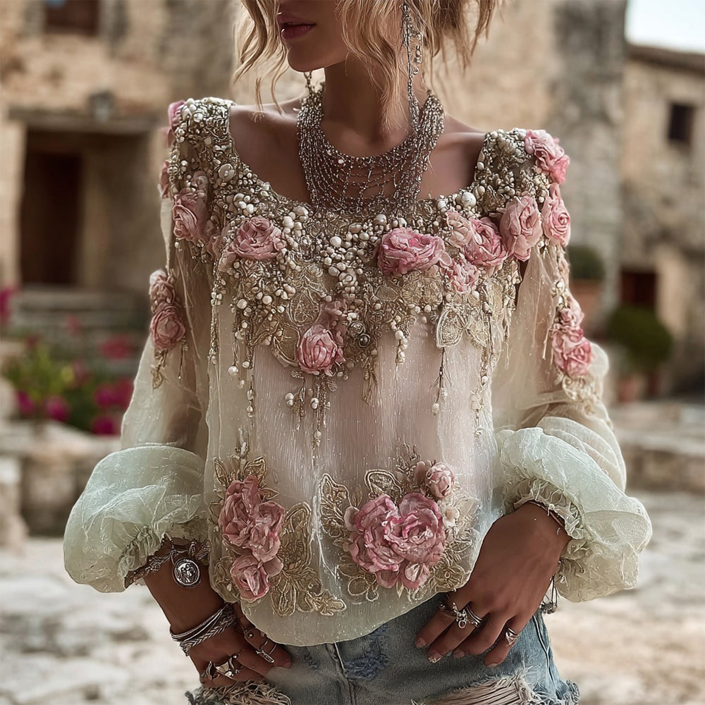 Vintage Boho Pink Rose Embroidery Art Long Sleeve Linen T Shirt