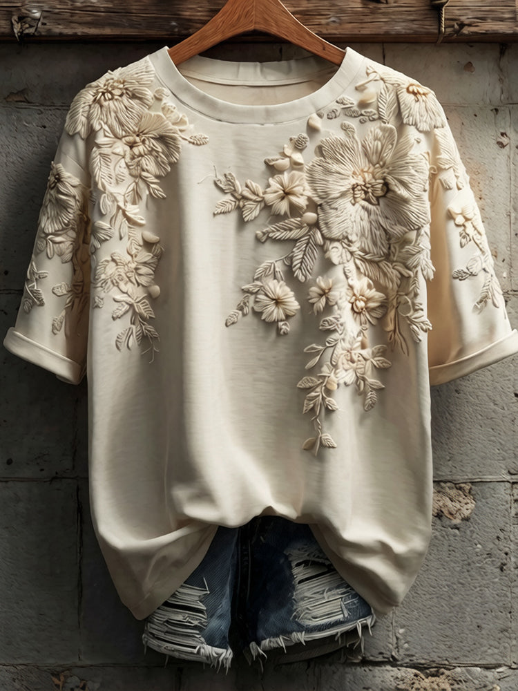 Women's Retro Floral Embroidery Casual Short-sleeve T-shirt