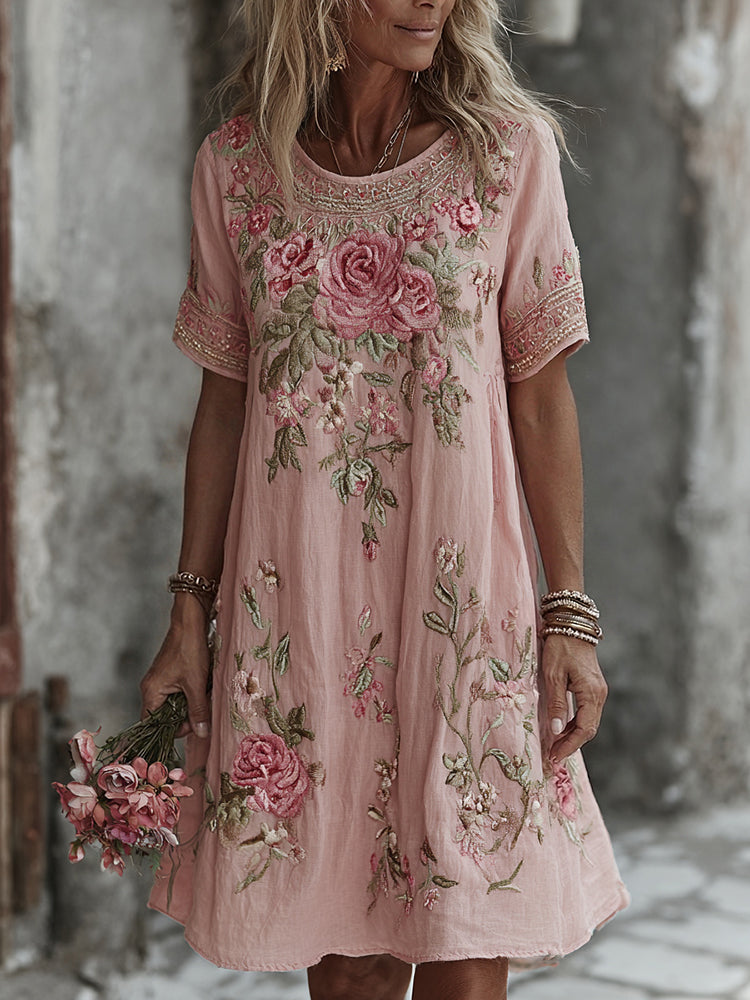 Retro Rose And Floral Printed Pattern Short Sleeve Mini Dress