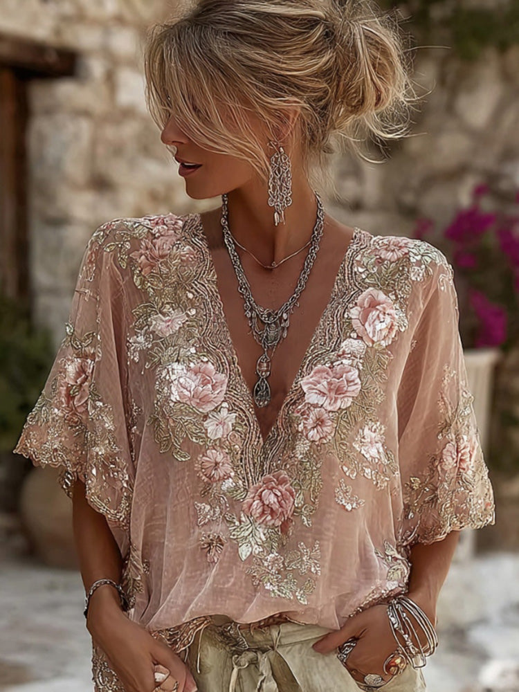 Women's Pink Flower Embroidered Art V-neck Short Sleeve Linen Blend T-shirt