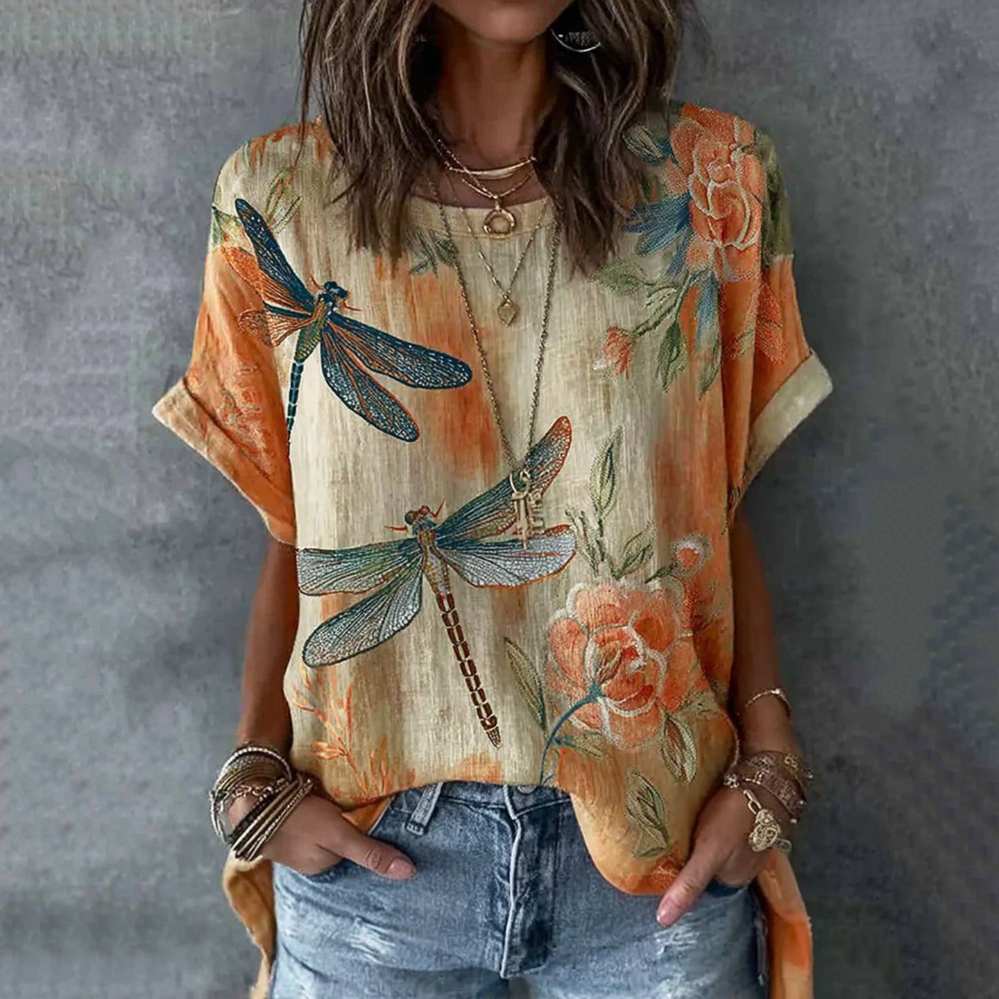 Vintage Dragonfly And Floral Pattern Linen Blend Short Sleeve Tops