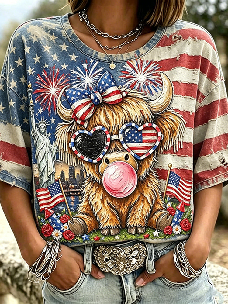 Women's Retro Independence Day Flag Highland Bull Patchwork T-shirt