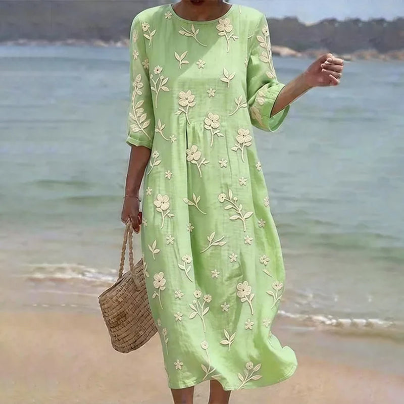 Women's Floral Print Round Neck Linen Blend Casual Midi Dress