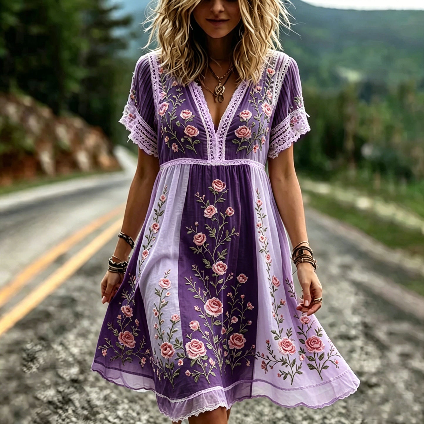 Women's Pink Rose Art Embroidery Striped Textured Cotton Linen V-neck Short Sleeve Playful Dress