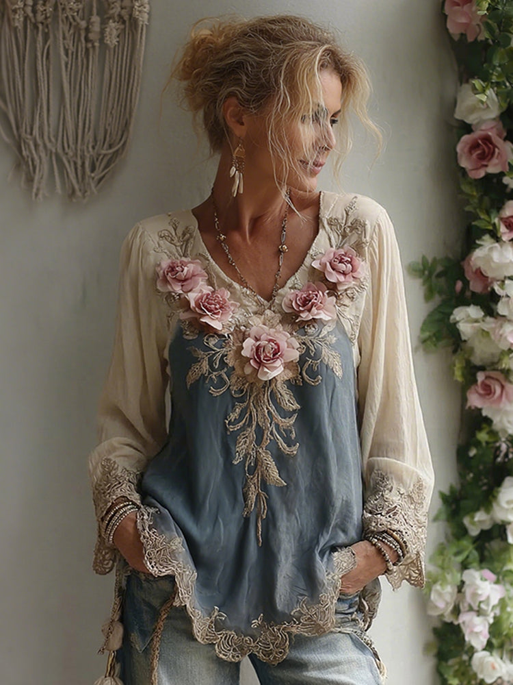 Women's Vintage Pink Rose Embroidery V Neck Long Sleeve T-shirt