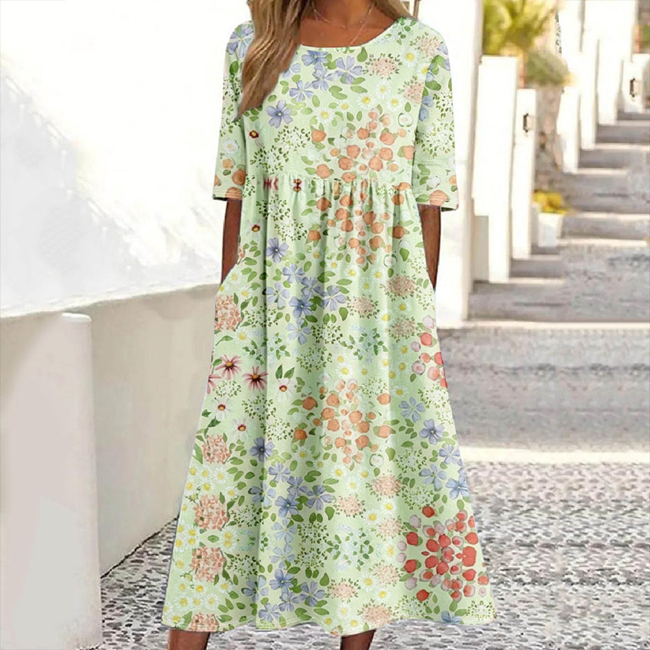 Women's Floral Print Crew Neck Linen Blend Casual Midi Dress