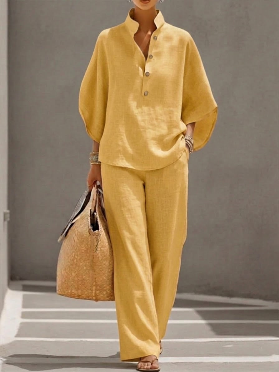 ๐๐Casual Batwing Sleeve Linen And Cotton Shirt And Trousers Two-piece Set