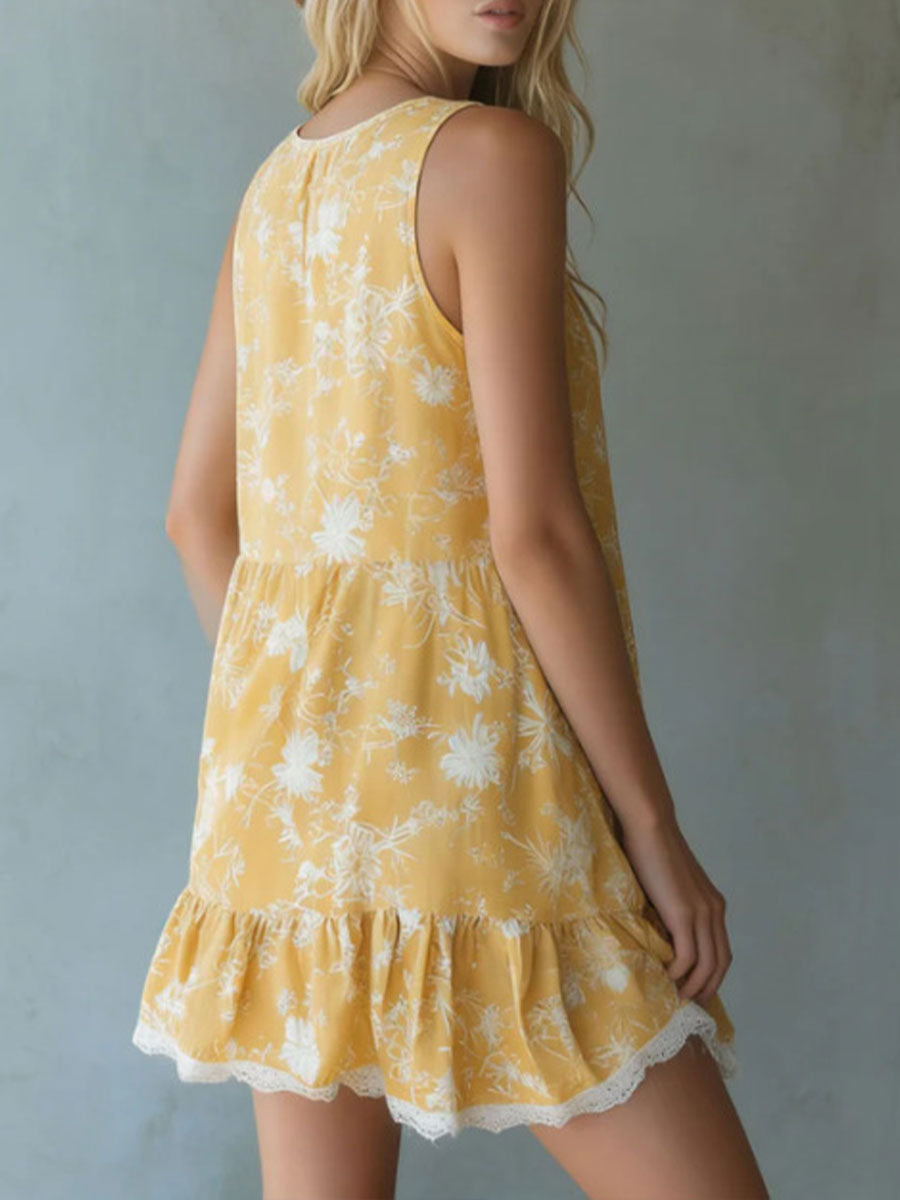 ๐๐Women's Yellow Printed Silk-blend Sleeveless Mini Dress With Lace Trim And V-neck