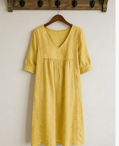 🤩🤩Casual Loose-fitting Patchwork Lace Trim Linen And Cotton Dress