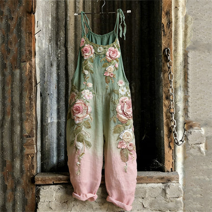 Vintage Pink Roses Contrast Gradient Linen Jumpsuit